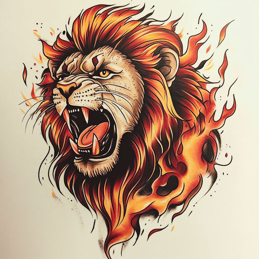 Illustration of roaring lion tattoo with fiery flames