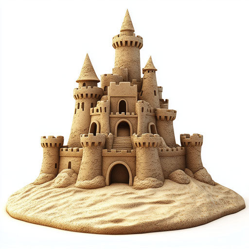 3D sandcastle on realistic white background, isolated clipart