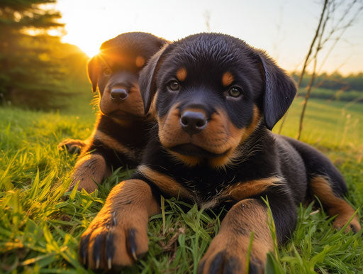 Two rottweiler puppies lying in a grassy field