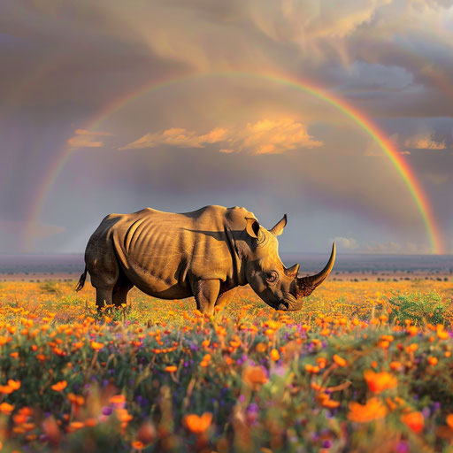 Solitary West African black rhinoceros crossing a blooming field, with a rainbow in the background