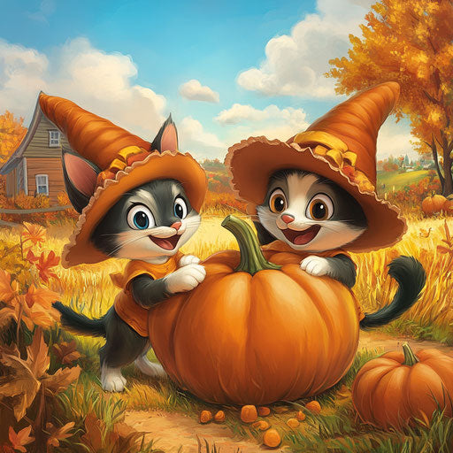 A cat and dog in pilgrim hats carry a giant pumpkin across a harvest field
