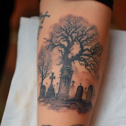 Eerie graveyard scene with tombstones and fog