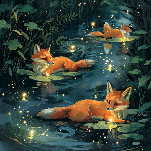 Foxes floating on leaves down a sparkling river