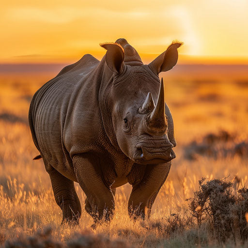 West African black rhinoceros standing in golden savannah at sunset