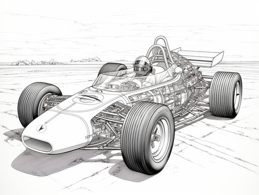 Racing car in circuitry style, blown-off-roof perspective, Simon Birch