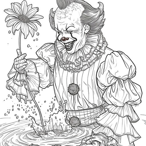 Playful clown splashing water on his jacket. Coloring book page