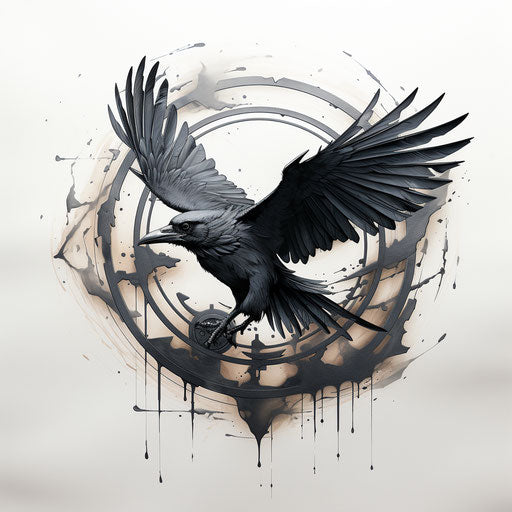 A raven in circular flight on white background