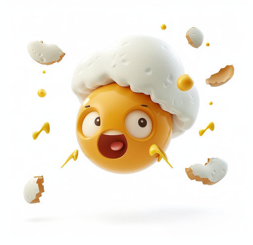 Surprised broken egg surrounded by floating pieces