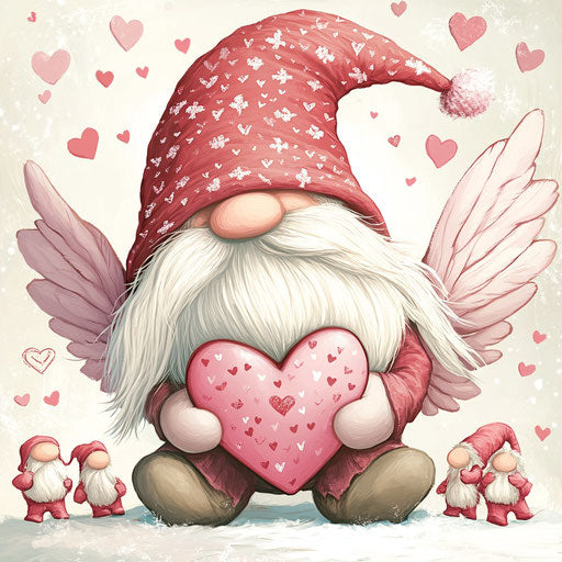 Valentine's Day gnome with wings holding heart-shaped candy box