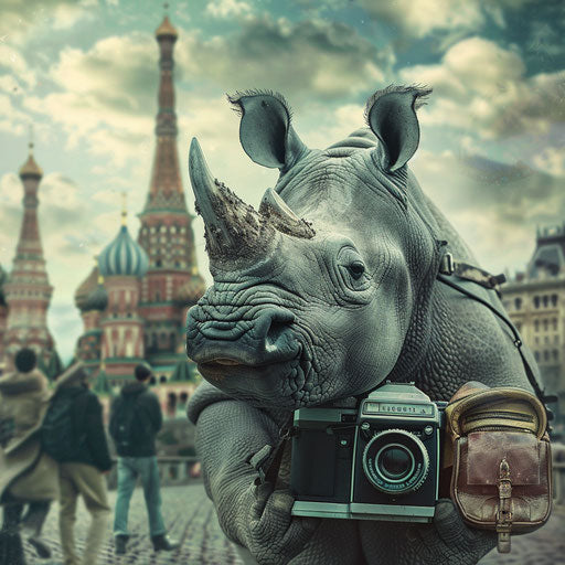 Rhino traveler in front of famous landmarks