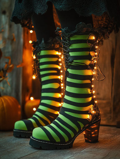 Green striped witchy boots with LED lights, Halloween decor