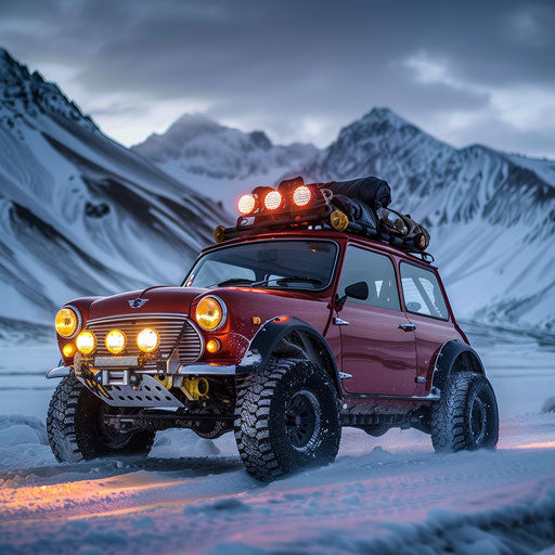 Vintage Mini Cooper ready for extreme winter sports adventure