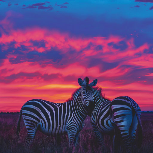 Zebras against a colorful sky, dynamic and vibrant