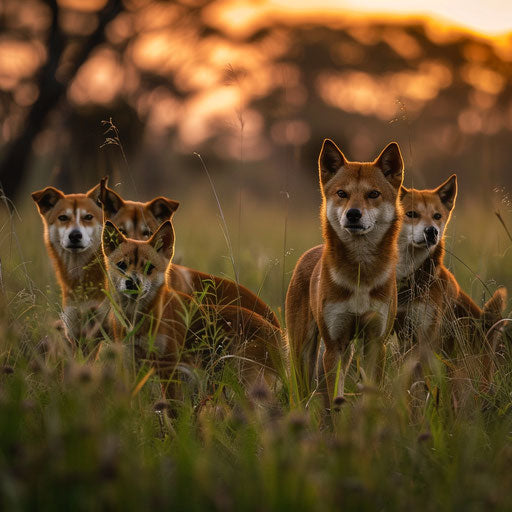 Dingoes in a lush grassland at dusk