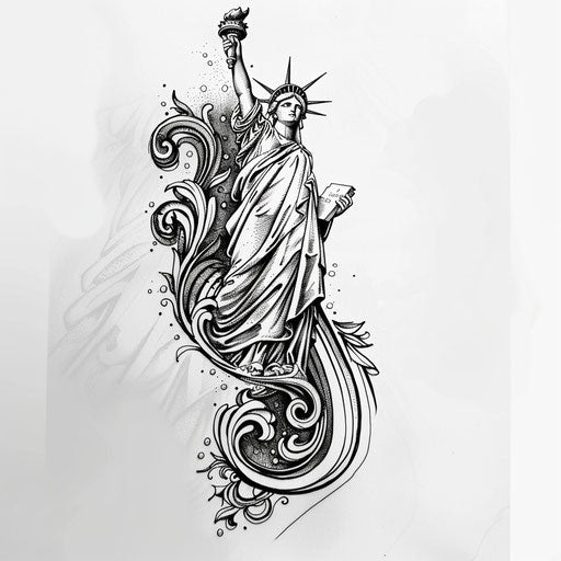 Art Nouveau inspired tattoo sketch of the Statue of Liberty with flowing lines and naturalistic details