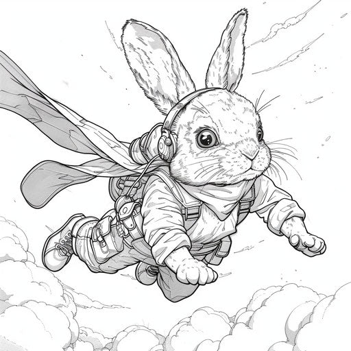 Bunny superhero flying through the sky. Coloring page