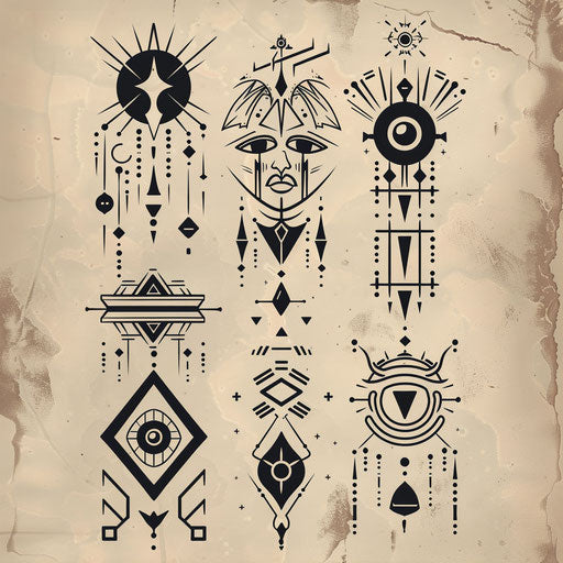 Contemporary flat tattoo sketch of a series of magical glyphs in a modern design