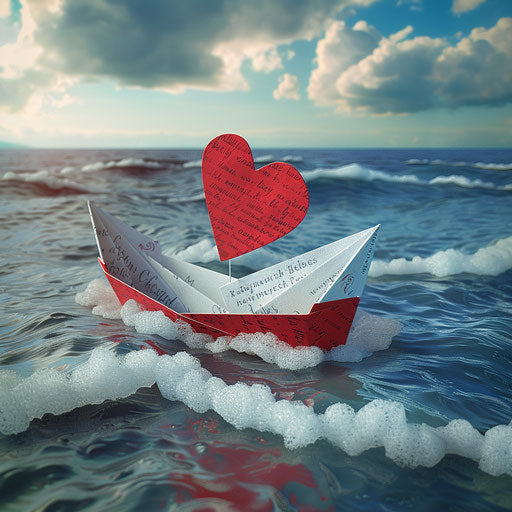 Paper boat with heart sail on ocean of love-related words