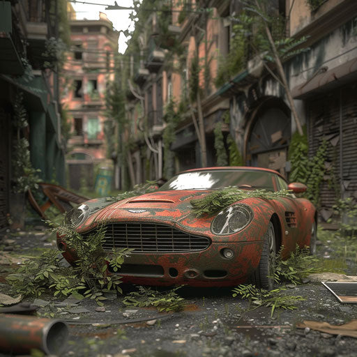 Rusted, post-apocalyptic Aston Martin DB7 Zagato, overgrown with vines, in a deserted urban environment.
