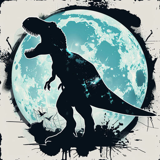 Minimalist flat tattoo sketch of a T rex silhouette with a moon backdrop