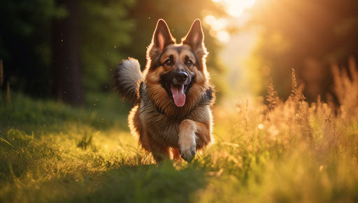 German shepherd dogs running in grass, light navy and light amber style