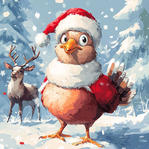 Turkey in Santa costume humorously blending in with reindeer