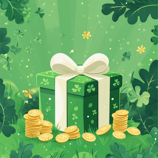 Classic St. Patrick's Day Cartoon: Gift Box, Gold Coins, Green Background