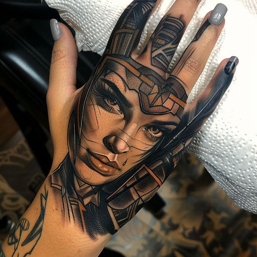 Dynamic hand tattoo for women with powerful symbols