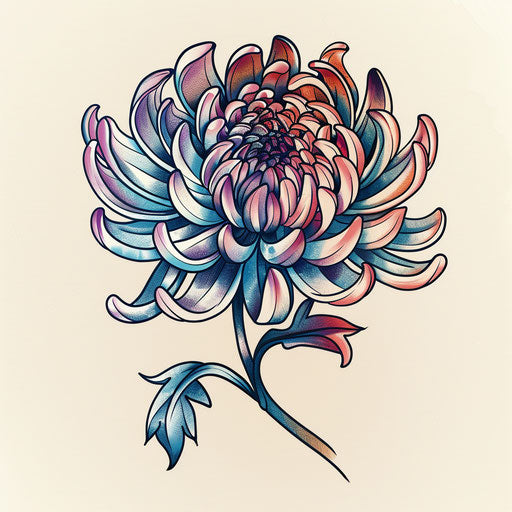Retro style tattoo illustration of a chrysanthemum with pastel colors, November birth flower, on a white paper texture background.