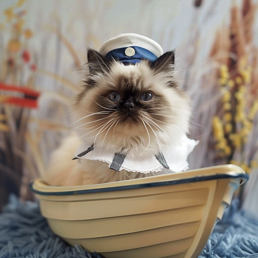 Himalayan cat in sailor outfit sitting in toy boat
