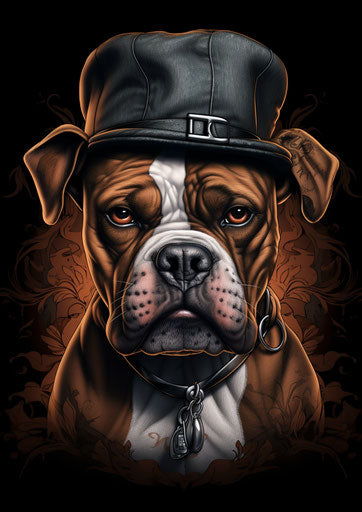 Tattooed boxer in hat, simplified dog style steampunk art