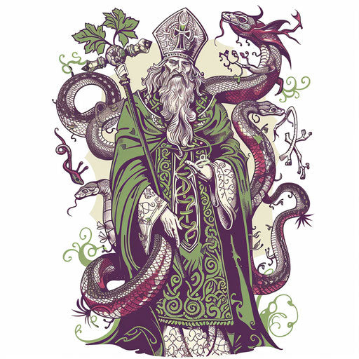 Tattoo illustration of St. Patrick driving snakes out of Ireland, stylized with Celtic art on white background