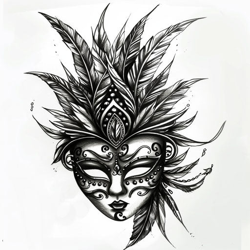 Flat tattoo sketch of an elegant Venetian mask with feathers