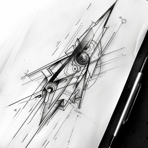 Futuristic tattoo sketch of a paper airplane with metallic silver accents