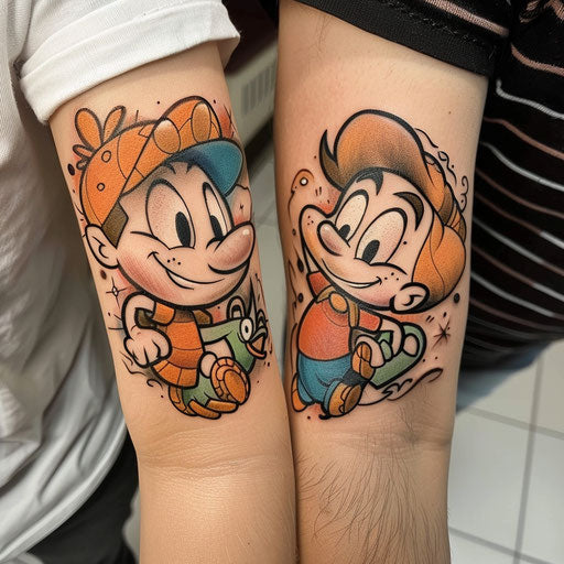 Matching tattoos for friends of a cartoon character, in the style of Steve Sack