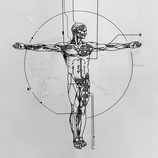 Dynamic tattoo sketch of the Vitruvian Man with integrated electric circuits