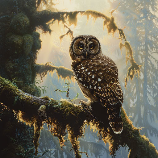 Northern spotted owl on moss-covered branch in ancient misty forest at dawn