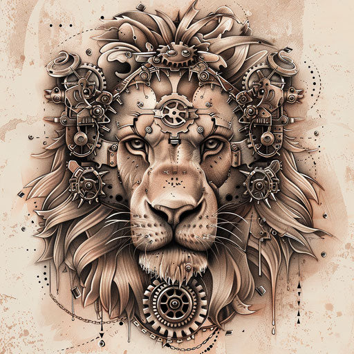 Steampunk tattoo sketch of the Lion of Judah with mechanical gears and bronze tones in a flat clipart design