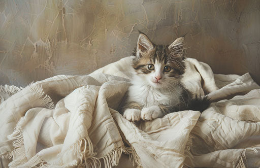 Kitten next to a white blanket, light beige and dark azure style