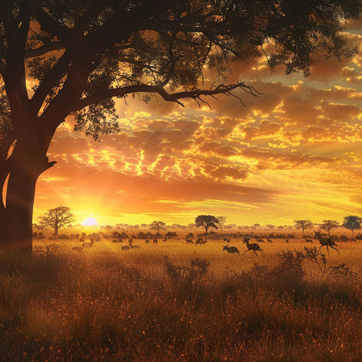 Serene sunrise over the African savannah with peaceful herd of gazelles