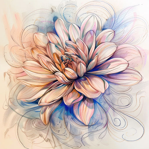 Romantic tattoo sketch of an aster flower with soft pastel colors and flowing curves