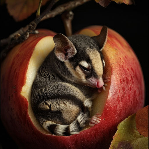 A sugar glider napping in a cozy apple