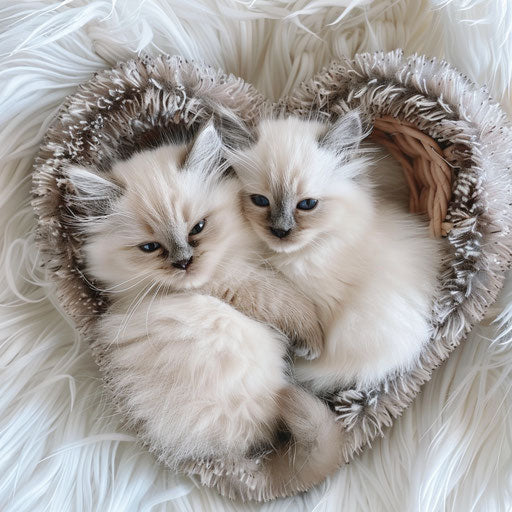 Two Himalayan kittens cuddling in a heart-shaped basket