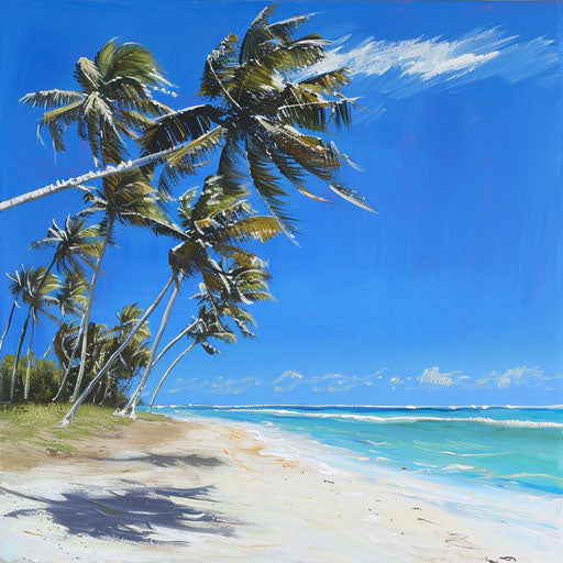 Pristine beach with palm trees swaying in the wind