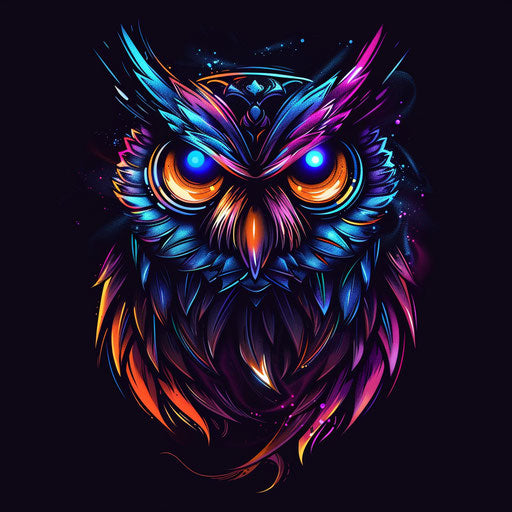Flat tattoo sketch of a neon owl with glowing eyes