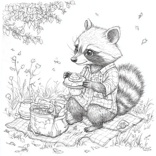 Raccoon picnicking, in the style of Mamoru Hosoda, Coloring book page