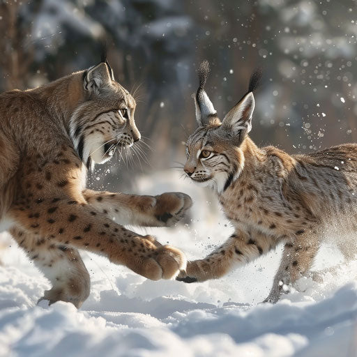 Lynx chasing snow hare in the wild circle of life