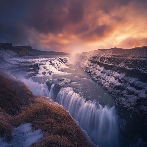 Gullfoss Falls, Iceland, at dusk with soft lighting
