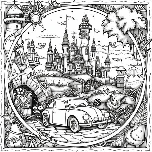 Whimsical car in a fantasy world with castles and dragons