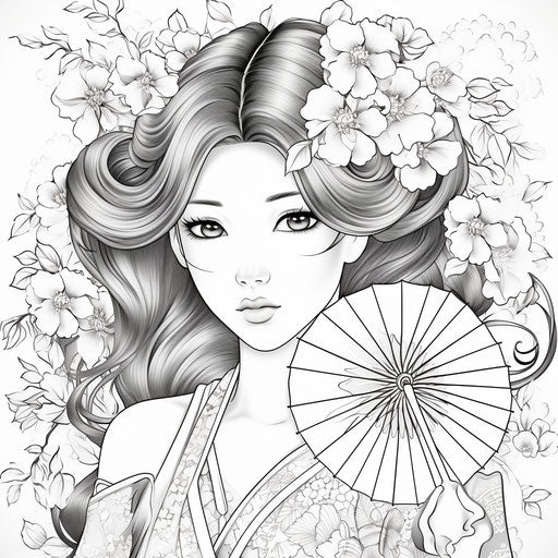 Fan coloring page illustration, in the style of neo-traditional Japanese, poignant, pretty